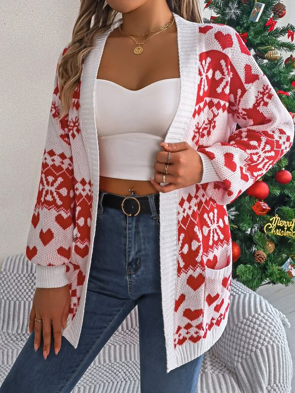 Vêtements de Noël 2024 : Cardigan Femme Ouvert en Maille, Manches Lanterne, Imprimé Noël, Pull Oversize avec Rennes, Poches, Tricoté – Image 6