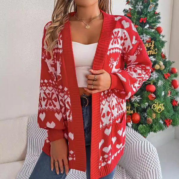 Vêtements de Noël 2024 : Cardigan Femme Ouvert en Maille, Manches Lanterne, Imprimé Noël, Pull Oversize avec Rennes, Poches, Tricoté – Image 7