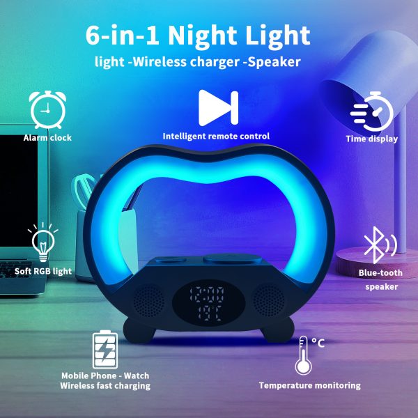 Lampe LED Intelligente 6 en 1 avec Télécommande – Éclairage, Chargeur Sans Fil et Enceinte Bluetooth