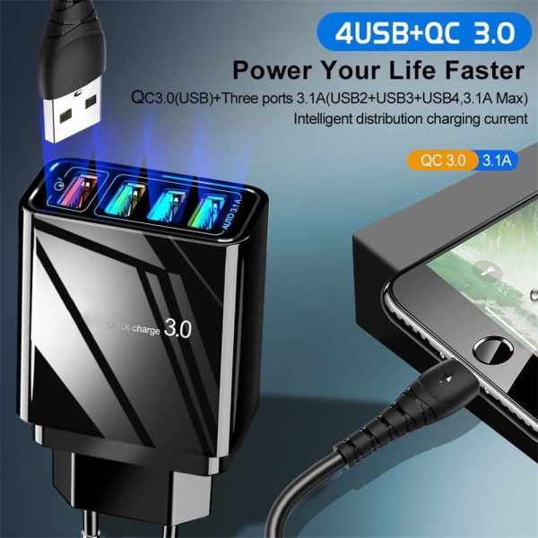 Adaptateur Éclairé 4 Ports USB 3A - Chargeur Rapide pour Téléphone Mobile