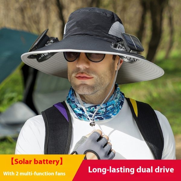 Chapeau de soleil à large bord avec ventilateur solaire – Chapeau de pêche extérieur à large bord avec ventilateur solaire, rechargeable par USB, alimenté par énergie solaire, taille réglable. – Image 5