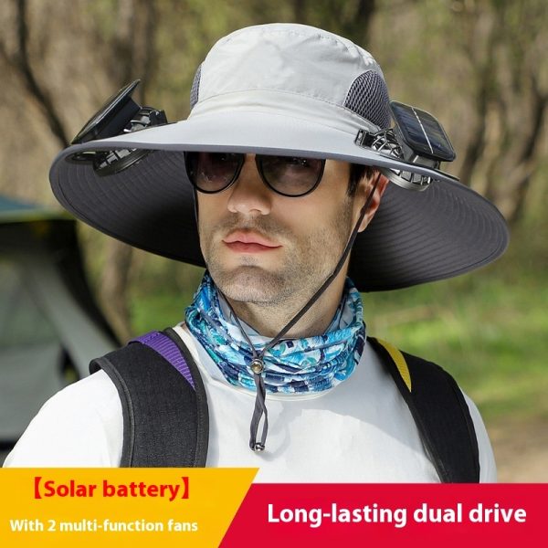 Chapeau de soleil à large bord avec ventilateur solaire – Chapeau de pêche extérieur à large bord avec ventilateur solaire, rechargeable par USB, alimenté par énergie solaire, taille réglable. – Image 4