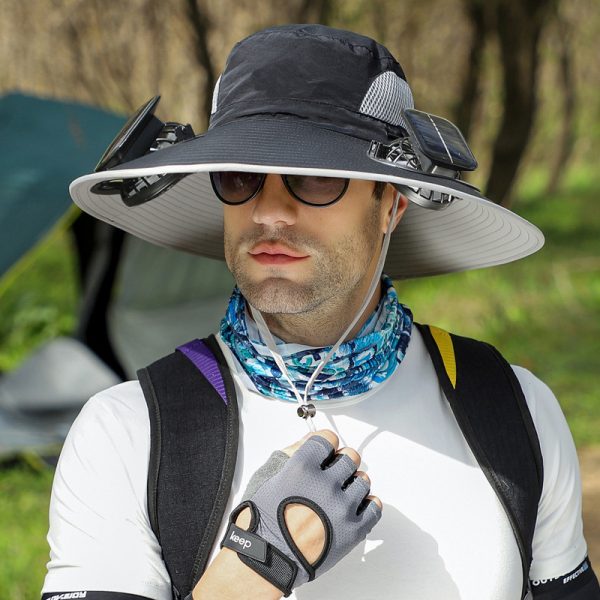 Chapeau de soleil à large bord avec ventilateur solaire – Chapeau de pêche extérieur à large bord avec ventilateur solaire, rechargeable par USB, alimenté par énergie solaire, taille réglable. – Image 9
