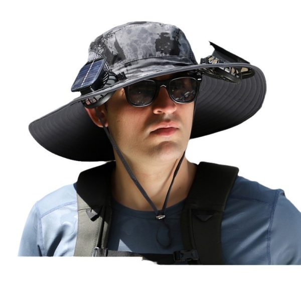 Chapeau de soleil à large bord avec ventilateur solaire – Chapeau de pêche extérieur à large bord avec ventilateur solaire, rechargeable par USB, alimenté par énergie solaire, taille réglable. – Image 3