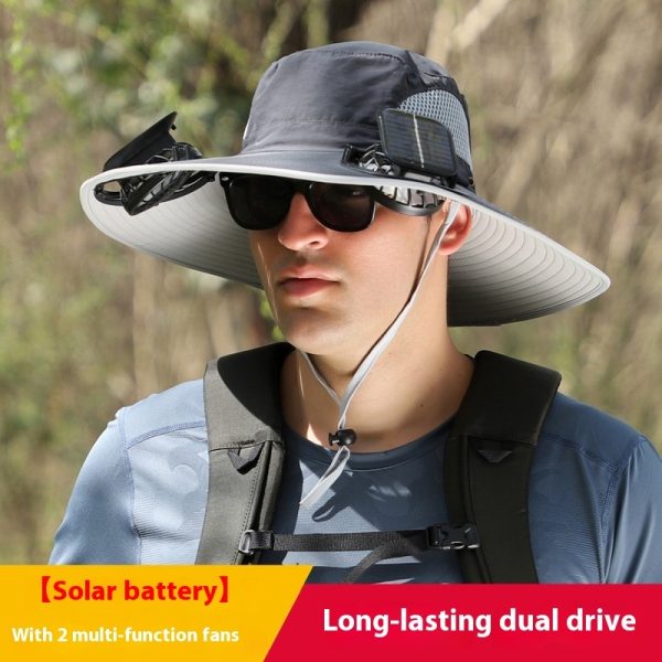 Chapeau de soleil à large bord avec ventilateur solaire – Chapeau de pêche extérieur à large bord avec ventilateur solaire, rechargeable par USB, alimenté par énergie solaire, taille réglable. – Image 6