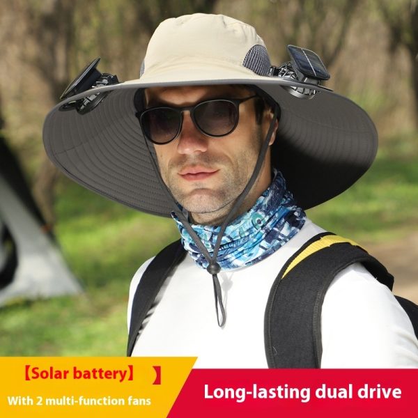 Chapeau de soleil à large bord avec ventilateur solaire – Chapeau de pêche extérieur à large bord avec ventilateur solaire, rechargeable par USB, alimenté par énergie solaire, taille réglable. – Image 2