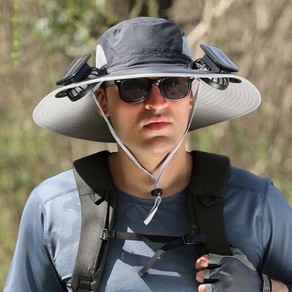 Chapeau de soleil à large bord avec ventilateur solaire – Chapeau de pêche extérieur à large bord avec ventilateur solaire, rechargeable par USB, alimenté par énergie solaire, taille réglable. – Image 10
