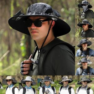 Chapeau de soleil à large bord avec ventilateur solaire – Chapeau de pêche extérieur à large bord avec ventilateur solaire, rechargeable par USB, alimenté par énergie solaire, taille réglable.