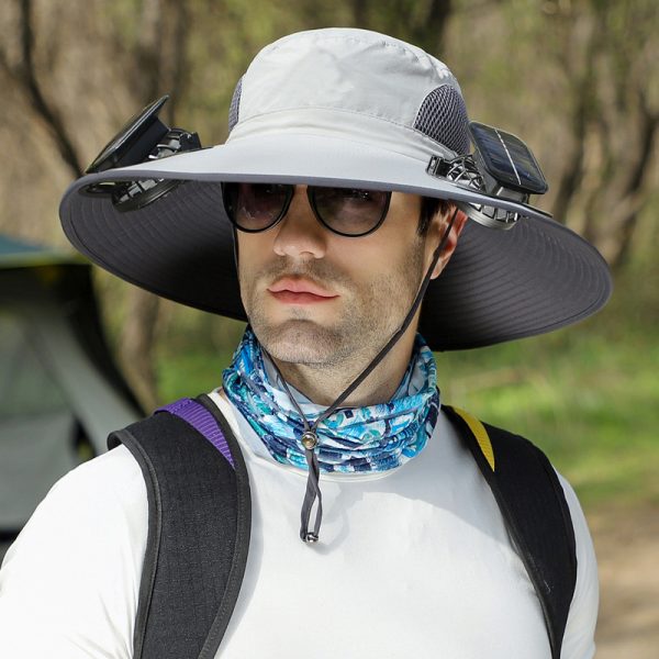 Chapeau de soleil à large bord avec ventilateur solaire – Chapeau de pêche extérieur à large bord avec ventilateur solaire, rechargeable par USB, alimenté par énergie solaire, taille réglable. – Image 8