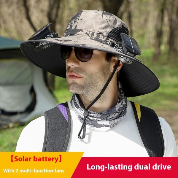 Chapeau de soleil à large bord avec ventilateur solaire – Chapeau de pêche extérieur à large bord avec ventilateur solaire, rechargeable par USB, alimenté par énergie solaire, taille réglable. – Image 7