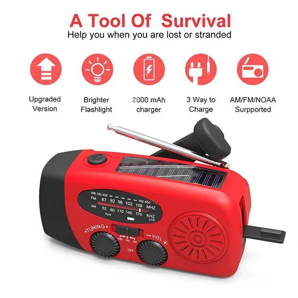 STONEGO 2000mA Radio d'urgence extérieure Radio de production d'énergie Portable prévention des catastrophes Radio solaire à manivelle Radio AM/FM – Image 2