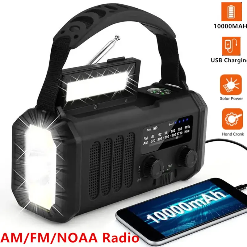 Radio météo d'urgence avec lampe de poche et lampe de lecture, manivelle solaire, AM, FM, NOAA, SOS portable, maison et extérieur, 10000mAh